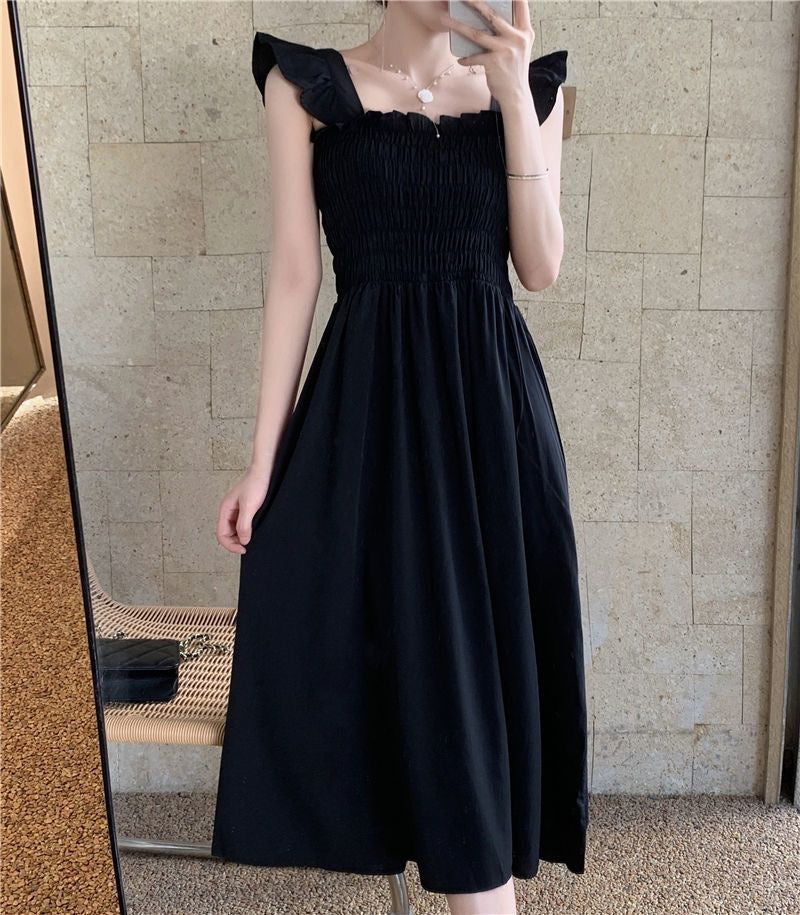 2023 Summer New French Style Elegant Small Flying Sleeve Pleated Waist Slimming Dress Hepburn Style Square Collar Tea Break Medium