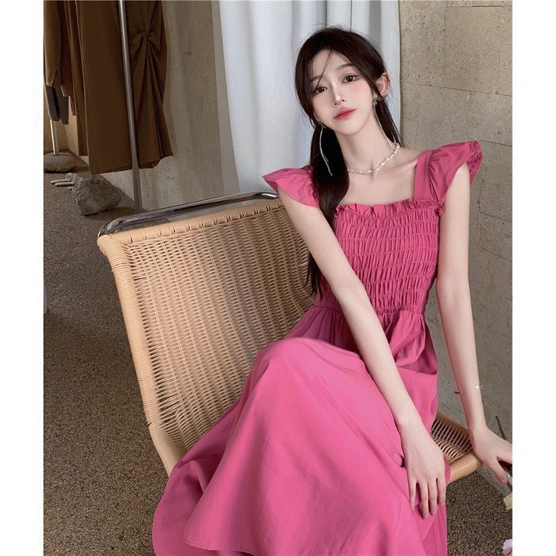 2023 Summer New French Style Elegant Small Flying Sleeve Pleated Waist Slimming Dress Hepburn Style Square Collar Tea Break Medium