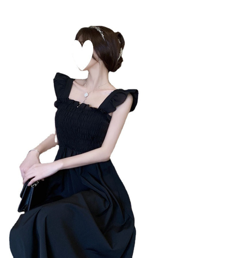 2023 Summer New French Style Elegant Small Flying Sleeve Pleated Waist Slimming Dress Hepburn Style Square Collar Tea Break Medium