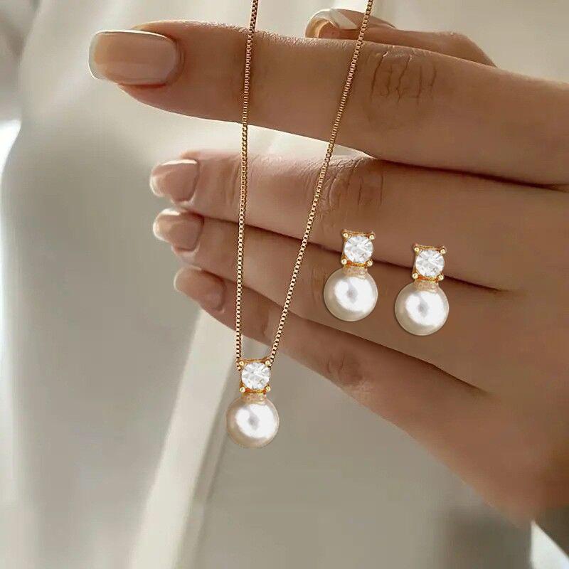 Luxury Temperament Design Sense Light Cross-border European and American Pendant Jewelry Necklace with Imitation Pearl Earrings