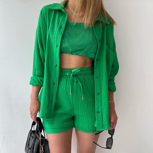 European and American Women's Two-Piece Created Lapel Long-Sleeved Shirt High Waist Drawstring Shorts Large Size Fashionable Casual Suit