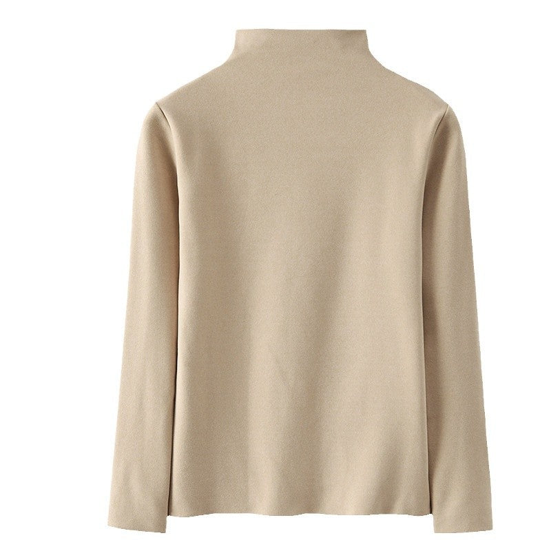Women's Fashionable Long-Sleeved T-shirt with Half-High Collar Double-Sided German Velvet Bottoming for Warmth Self-Heating Brushed Top for Autumn and Winter