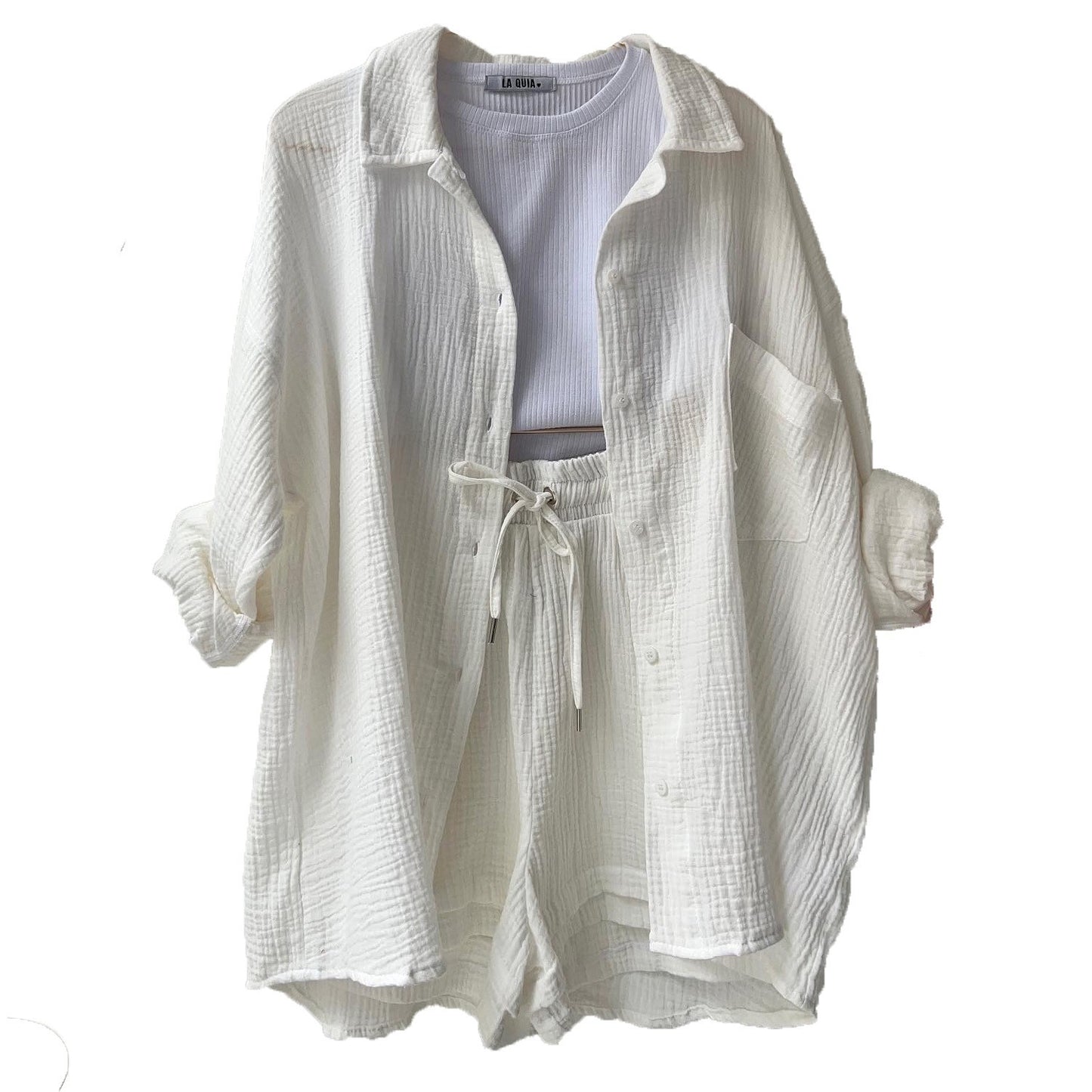European and American Women's Two-Piece Created Lapel Long-Sleeved Shirt High Waist Drawstring Shorts Large Size Fashionable Casual Suit