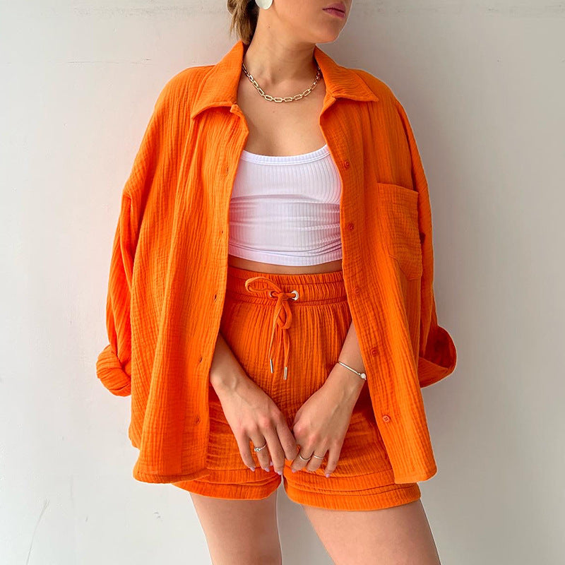 European and American Women's Two-Piece Created Lapel Long-Sleeved Shirt High Waist Drawstring Shorts Large Size Fashionable Casual Suit