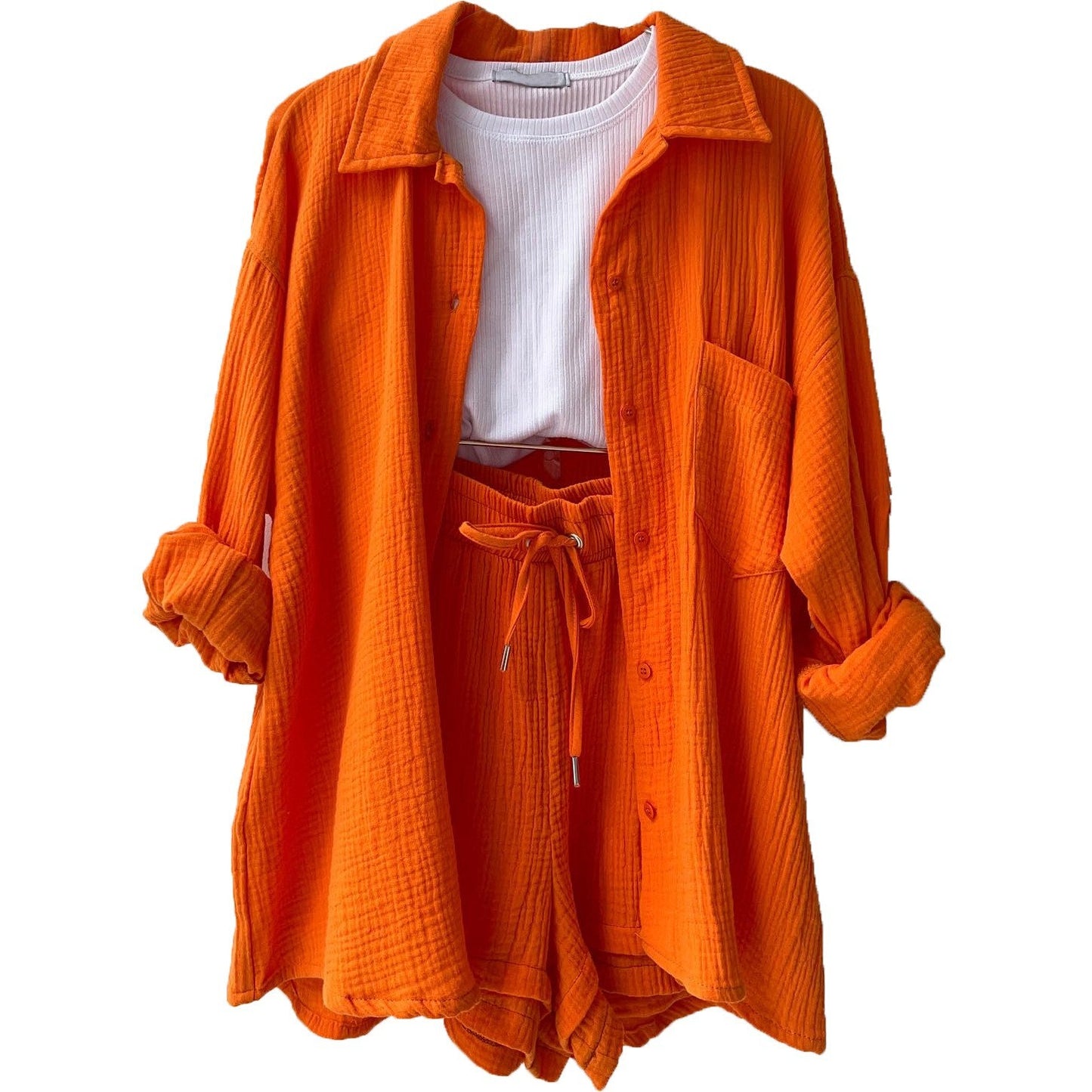 European and American Women's Two-Piece Created Lapel Long-Sleeved Shirt High Waist Drawstring Shorts Large Size Fashionable Casual Suit