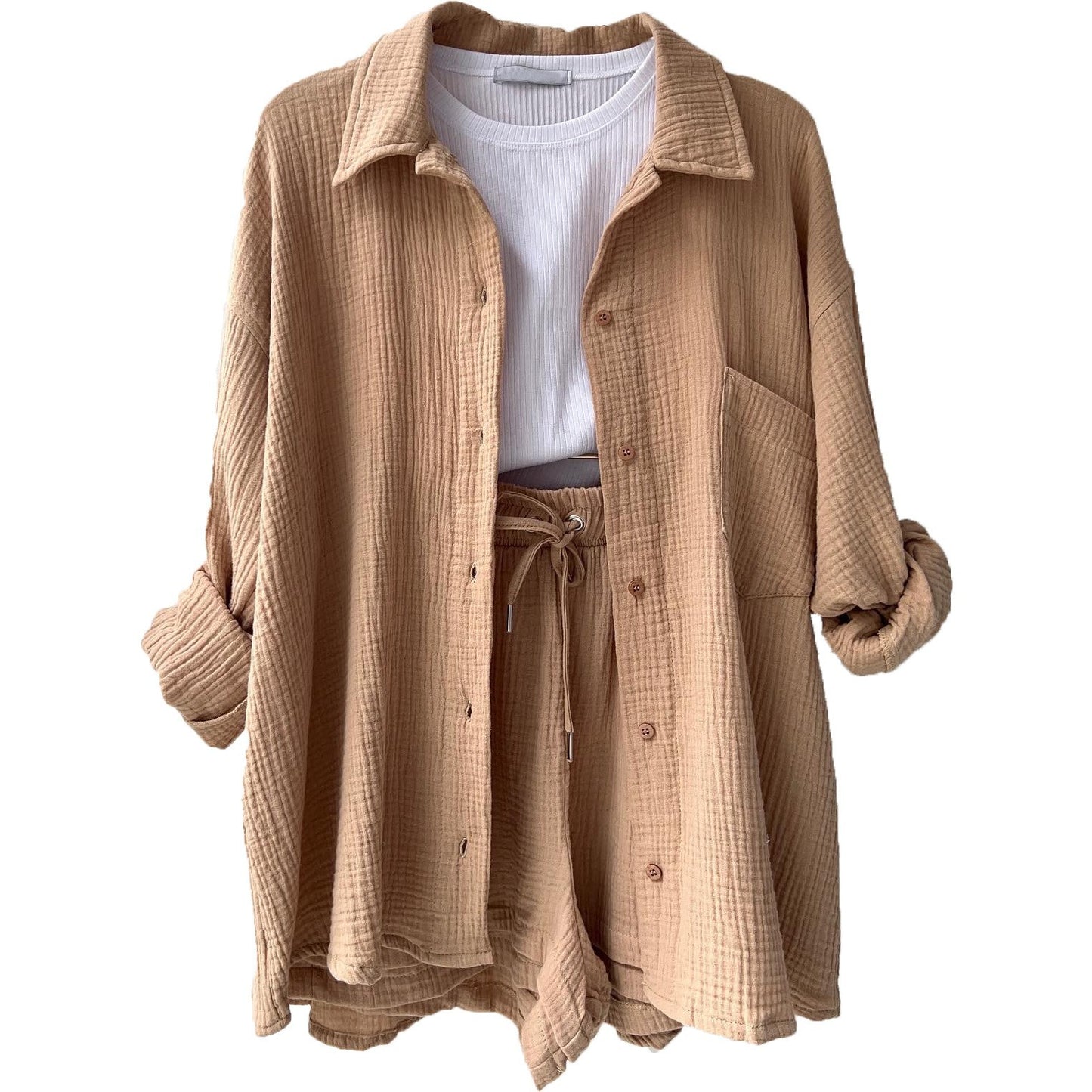 European and American Women's Two-Piece Created Lapel Long-Sleeved Shirt High Waist Drawstring Shorts Large Size Fashionable Casual Suit