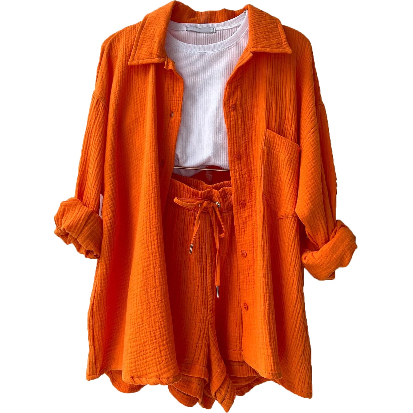European and American Women's Two-Piece Created Lapel Long-Sleeved Shirt High Waist Drawstring Shorts Large Size Fashionable Casual Suit